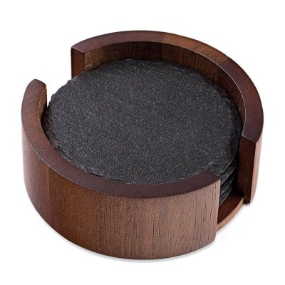 natural 4pcs slate round coasters with dark color wooden holder