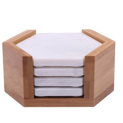 Cloudy white real marble hexagon coaster set with bamboo holder